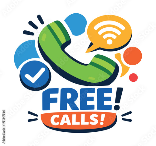 Icon illustration representing free calls, combining a telephone, wifi signal bubble, confirmation check, and an eye-catching banner