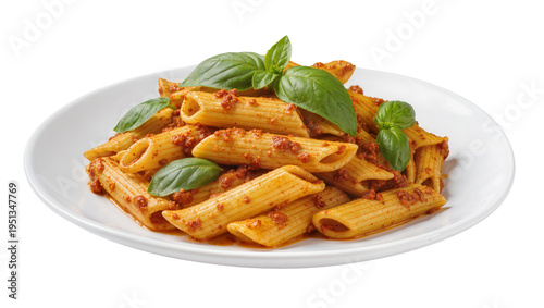 Isolated delicious penne pasta with rich bolognese sauce and fresh basil leaves on a plate