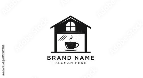 Elegant Coffee Shop Logo Featuring House Silhouette and Steaming Cup.