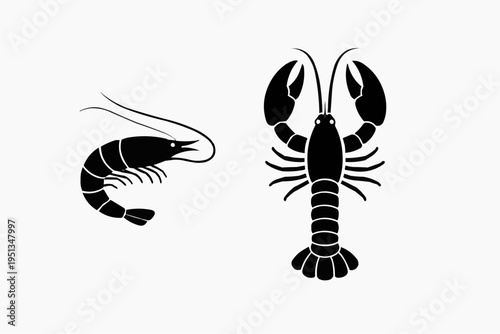 Minimalist shrimp and lobster silhouettes, clean vector style, solid black shapes, isolated on pure white background.