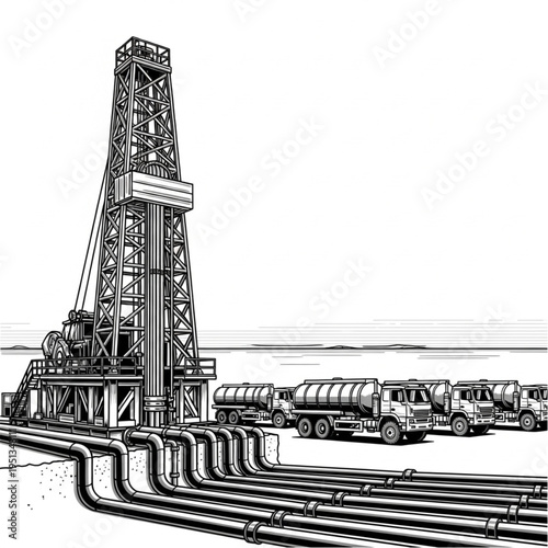 Detailed Illustration of an Oil Drilling Rig with Tanker Trucks.