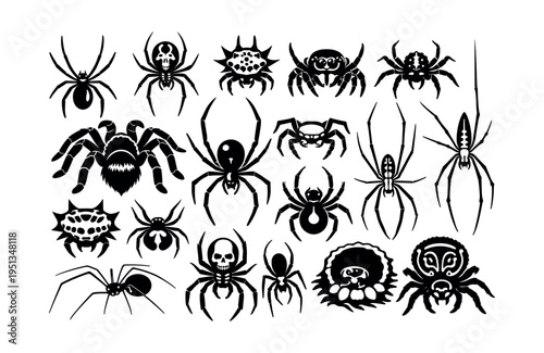 Black silhouette graphic showing a collection of different spiders and arachnids for spooky, creepy, and Halloween themes