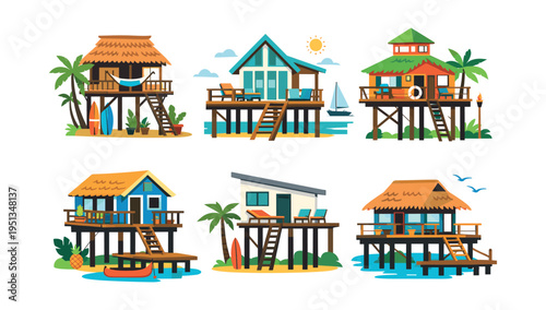 Tropical collection of colorful overwater and stilt houses showcasing resort bungalows, beach villas, and getaway accommodations