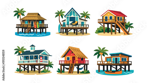 Variety of colorful caribbean resort bungalows and holiday beach houses on stilts with palm trees and water, representing travel and paradise