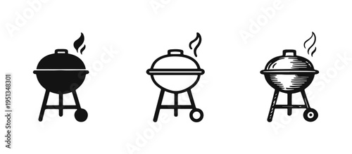 BBQ Grill Icons Set with Smoke in Silhouette, Outline, and Hand-Drawn Styles