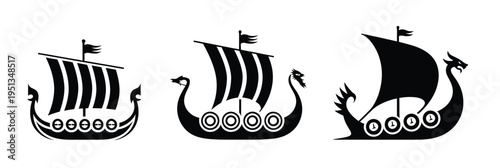Minimalistic Viking ship icon, black silhouette, dragon head, shields, sail, Nordic history, Norse mythology, medieval Scandinavian longship design, ancient culture symbol, and vector illustration