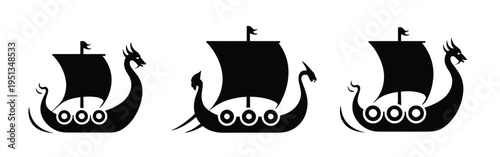 A minimalistic black Viking ship icon, dragon head, shields, sail, Nordic history, Norse mythology, medieval Scandinavian design, longship silhouette, ancient culture, and vector illustration 