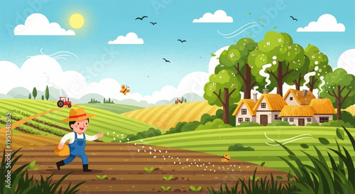 Farmer plowing field with house trees and crops in rural landscape under sunny blue sky