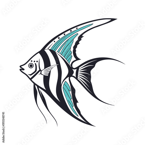 A stylized artistic illustration of a graceful angelfish featuring black and teal color accents