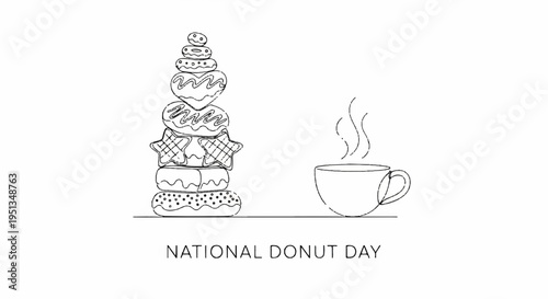 Donuts tower stack national donut day celebration with steaming cup of coffee