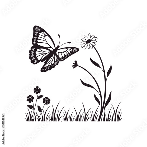 A black and white illustration of a butterfly hovering over a delicate flower in a grassy field