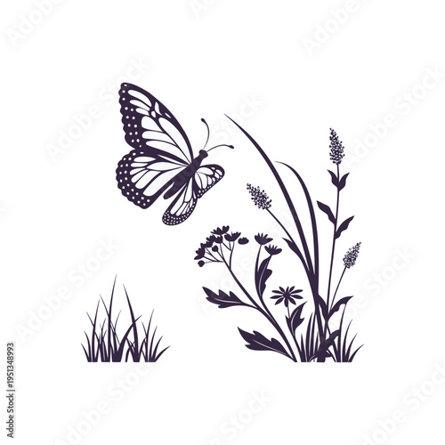 A detailed silhouette illustration of a beautiful monarch butterfly hovering over wild flowers