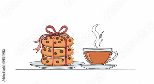 Warm cookies wrapped with red ribbon beside steaming cup of tea on saucer sweet treat and beverage