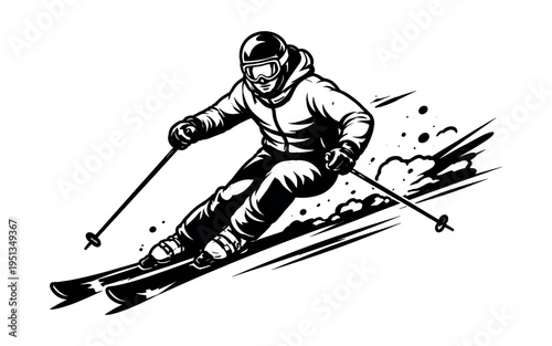 Skier rapidly descends, kicking up snow, embodying speed, action, and the thrill of winter sports and competitive skiing