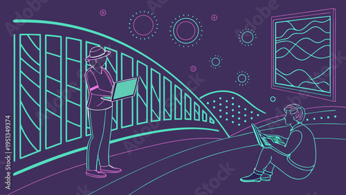 Vector illustration of a business woman and successful couple running through a park at night with an abstract background silhouette