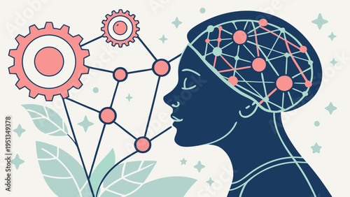 A minimalist floral art vector illustration features a lady's profile silhouette with summer nature flowers blooming from her hair and mind to symbolize beauty, fashion, and a creative brain