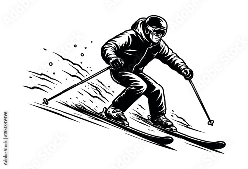 Skier descending a mountain, creating snow spray while actively performing a turn during an exhilarating downhill run