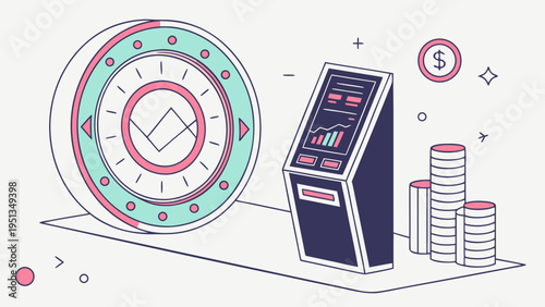 Set of flat 3d vector icons featuring an abstract background with numbers, a bus stop, and digital technology symbols like a smartphone, computer, and mobile app for web business communication