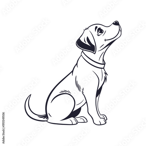 A simple black and white line art illustration of a cute puppy sitting and looking upwards happily