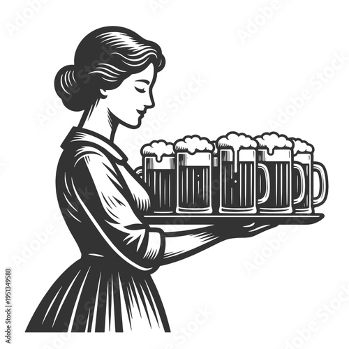 waitress carrying a tray of beer mugs, hospitality, service industry, and pub culture sketch engraving generative ai fictional character vector illustration. Scratch board imitation. Black and white.
