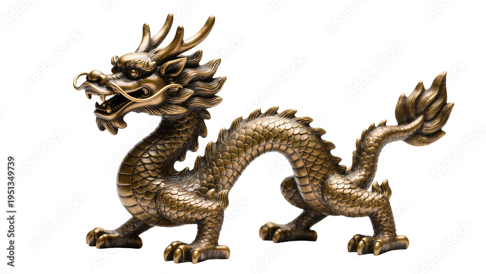 Fototapeta premium Isolated ornate bronze Chinese dragon statue representing power and prosperity, detailed mythical creature