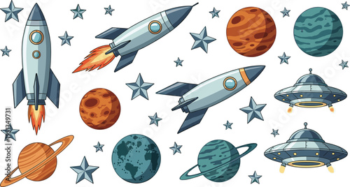 Space Exploration Set with Rockets, Planets, UFOs, and Stars for Sci-Fi, Galaxy, and Space Adventure Designs