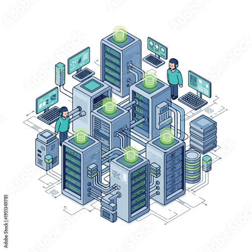 Data Center Servers and IT Professionals Working.