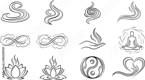 Spirituality and Wellness Icon Set Featuring Flowing Smoke, Lotus, Meditation, Yin Yang, and Energy Symbols for Mindfulness, Healing, and Balance Applications