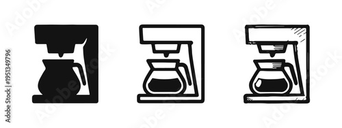 Drip Coffee Maker Icon Set with Carafe in Glyph, Outline, and Hand-Drawn Styles