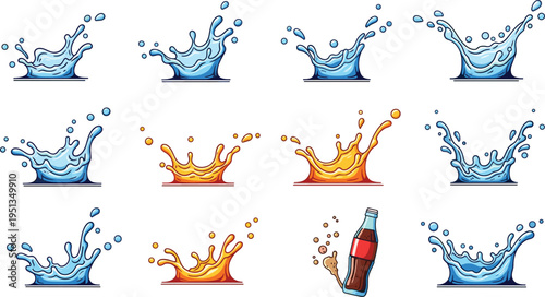 Splash Water and Liquid Drop Icon Set with Bottles and Fluid Motion for Beverage, Refreshment, and Water Designs