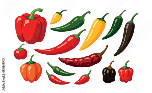 Variety of colorful peppers and hot chili peppers, showcasing different shapes, sizes, and colors for culinary use