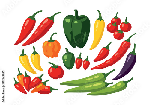 Illustration showcasing a variety of peppers, from fiery hot chilies to mild capsicums, forming a colorful collection of veggies