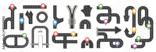 Asphalt road path set, highway, street, and crossroads icons, pin marks, traffic direction indicators, navigation design, map routes, GPS, transport infrastructure, flat vector illustration collection