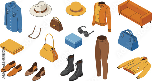 Isometric fashion collection, clothing and accessories set with bags shoes hats apparel, retail wardrobe essentials illustration, modern lifestyle objects