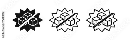 No sugar or sugar-free starburst badge icon set with three cubes for healthy diet
