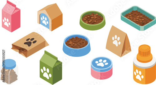 Isometric pet food and supplies set, dog cat bowls packages treats containers, animal care products illustration, veterinary shop elements collection