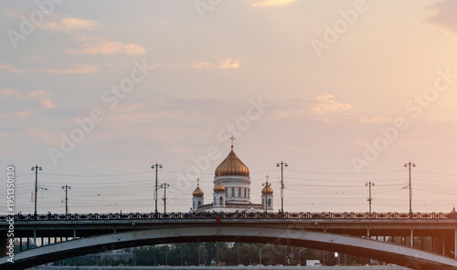 Moscow Russia, Cathedral of Christ the Savior and Patriarshy bridge in sunset 