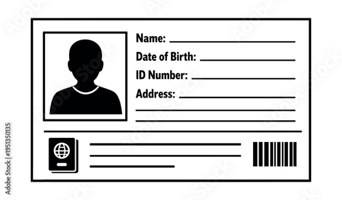 Template for an ID card featuring fields for personal information, an outline of a user, a passport icon, and a barcode