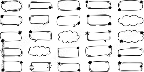 Hand-drawn speech bubbles and cloud shapes with star accents on white background thought bubble text box