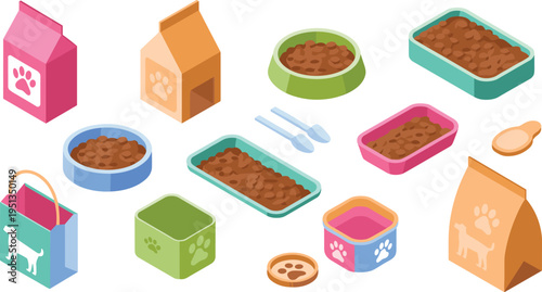 Isometric pet food supplies set, dog and cat bowls packages treats containers, animal care products illustration, pet shop collection