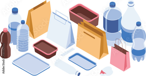 Isometric plastic packaging waste set, bottles containers bags and trays, recycling materials collection, environmental pollution concept, sustainable design illustration