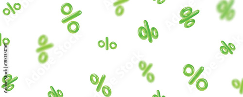 3d flying green percent signs with isolated background. Horizontal banner. Background with floating and flying percent symbols,, percentage icon benefit, shopping promo. Discounts, spring special offe