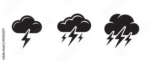 Black cloud and lightning bolt icons, weather condition symbols, stormy weather illustrations, thunder and rain vector set