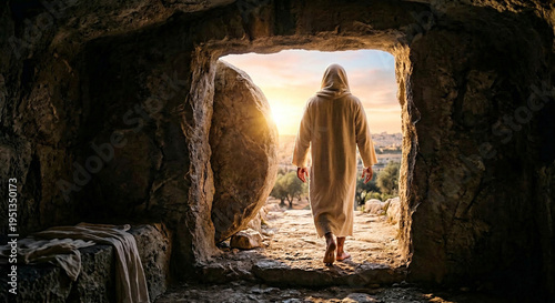 A biblical resurrection scene. The resurrected Jesus emerges from the tomb.