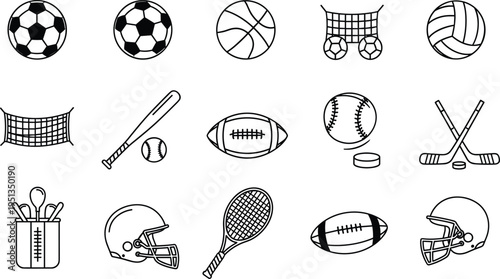 Sports Equipment Icon Set Featuring Soccer, Basketball, Baseball, Football, Tennis, Hockey, and Other Athletic Gear for Sports, Fitness, and Recreation Applications