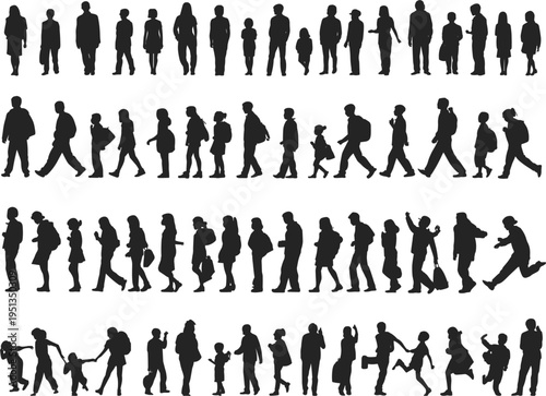 Large collection of diverse human silhouettes in walking and standing poses Keywords: silhouette, people, walking, standing