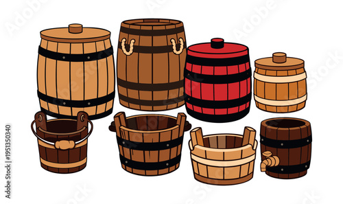 Cartoon set presenting different wooden barrels and traditional buckets. Varying styles of oak wood containers with metal bands