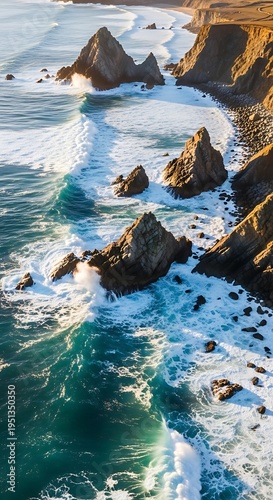 Dramatic Coastal Scene - Waves Crashing on Rocky Cliffs at Sunset.