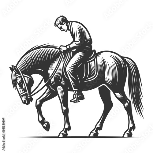 fatigued businessman slumped on a weary horse, burnout, overwork, and exhaustion in modern life sketch engraving generative ai vector illustration. Scratch board imitation. Black and white image.