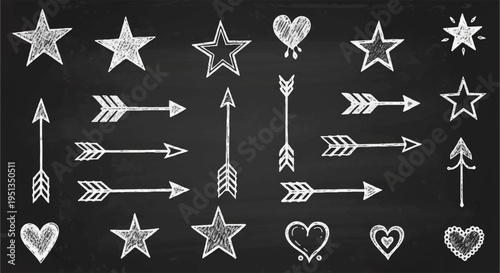 White star and heart symbols with arrows on blackboard background for design and decoration purposes